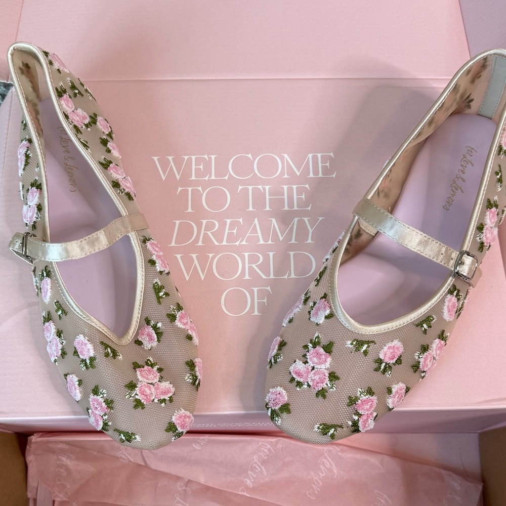 For Love & Lemons Pink Floral Embroidered Flats